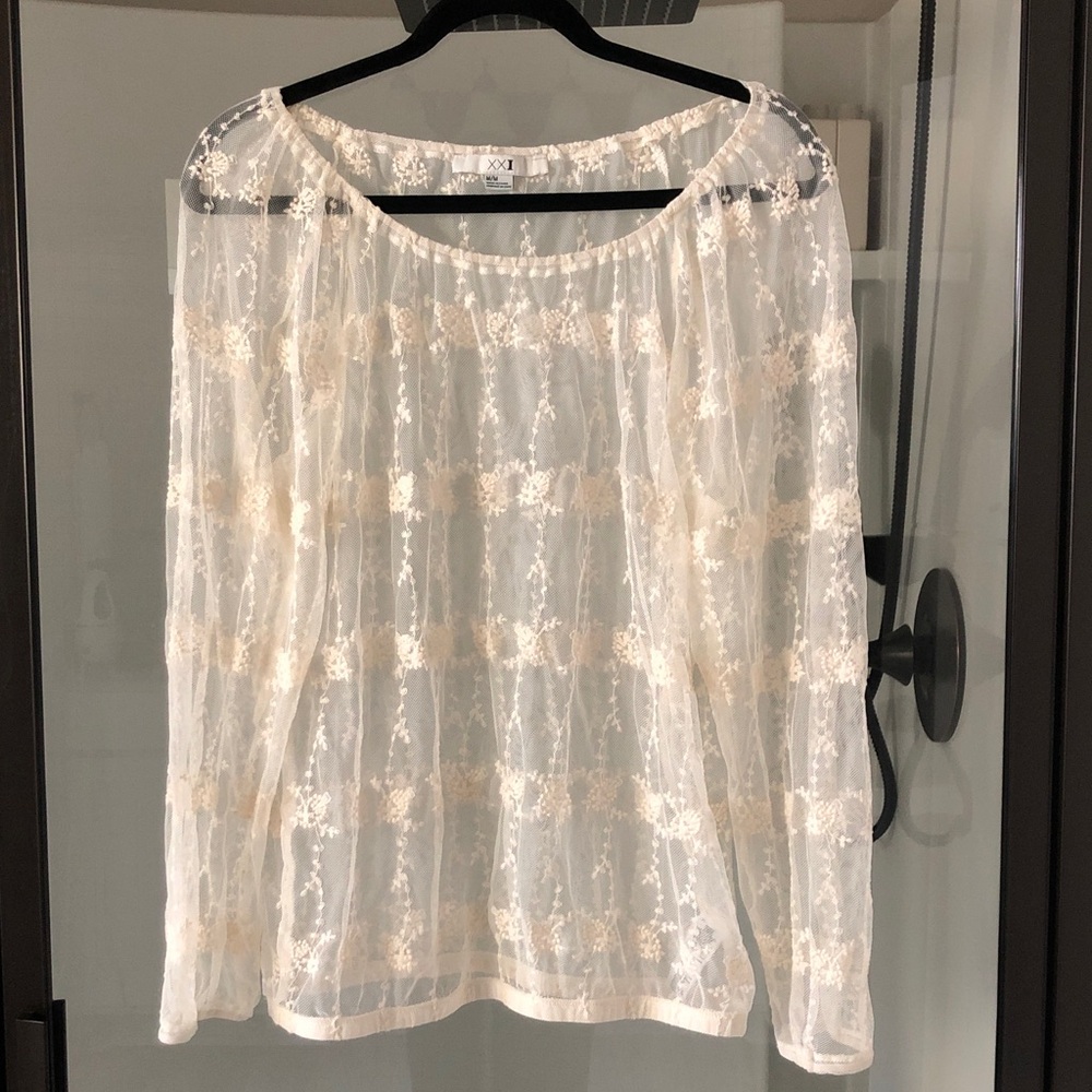 Cream sheer embroidered lace floral 90s Y2k coquette ethereal cottagecore top M